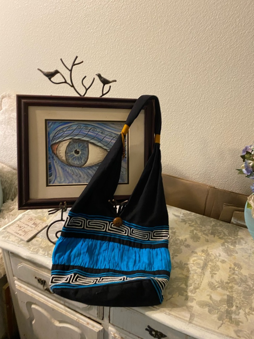 Black and Teal Boho Shoulder Bag with Decorative Trim - Picture 3 of 9